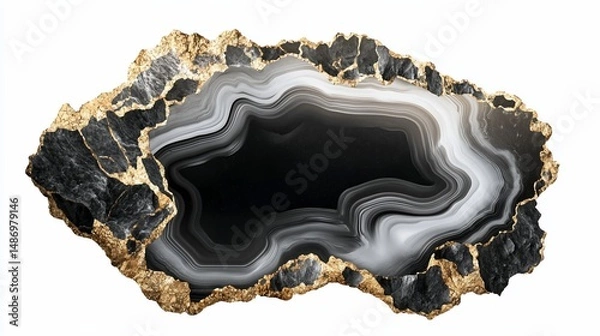 Fototapeta Abstract Black and Gold Agate Slice with Swirling Patterns