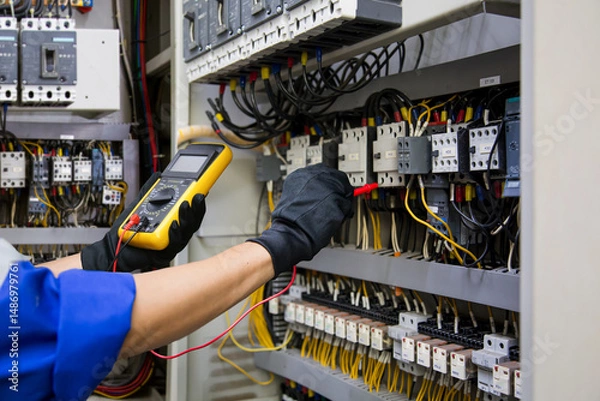 Fototapeta Electrical service technician use electricity measuring tools equipment checking electric current circuit breaker terminal panel and cable wiring main power distribution board for maintenance system.