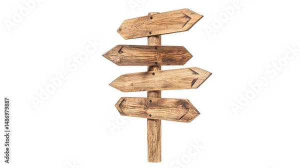 Fototapeta Signpost with Multiple Wooden Arrows Pointing in Different Directions Isolated on Transparent PNG Background
