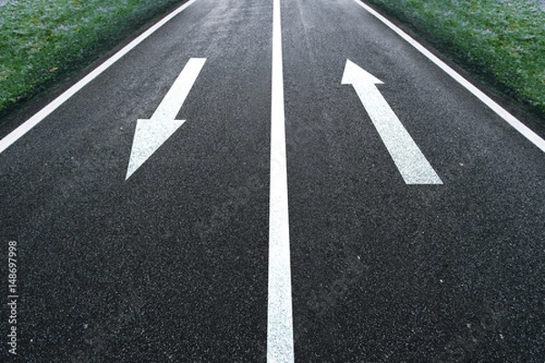 Fototapeta One way road arrow direction sign on the asphalt ground.