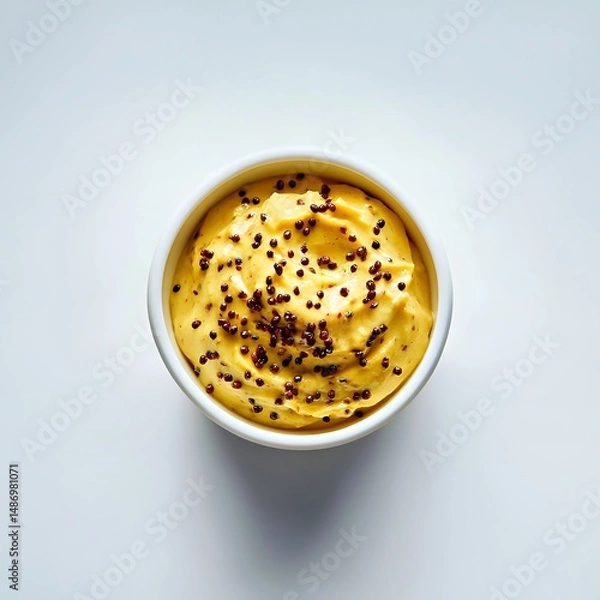 Obraz Delicious creamy yellow dip with a sprinkle of spices in a white bowl.