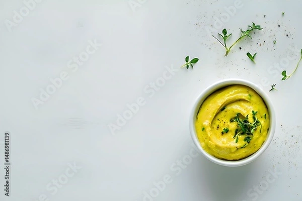 Obraz Creamy yellow hummus with fresh thyme herbs on a light background.
