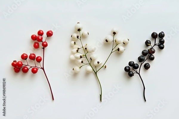Obraz Colorful arrangement of red, white, and black berries on a neutral background.