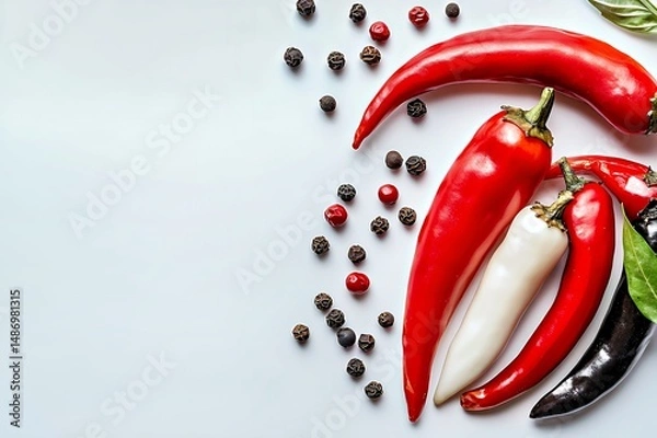 Obraz Colorful assortment of chili peppers and spices on a white background.