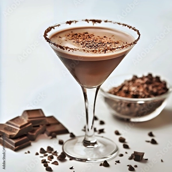 Obraz Delicious chocolate martini with shaved chocolate garnish on a light background.
