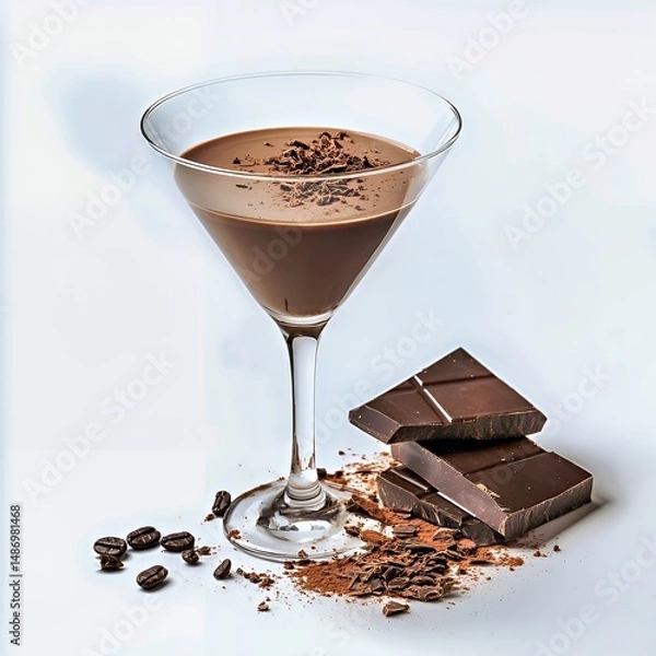 Obraz Delicious chocolate cocktail with chocolate bars and coffee beans on a clean background.