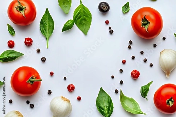 Obraz Fresh red tomatoes, onions, and herbs arranged artistically on a white background.