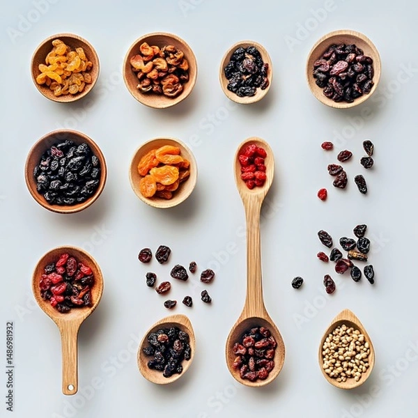 Fototapeta Colorful assortment of dried fruits in wooden bowls and spoons, creating a vibrant display.