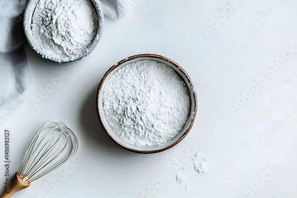 Obraz White flour in a bowl with a whisk and a bowl of powdered sugar nearby.