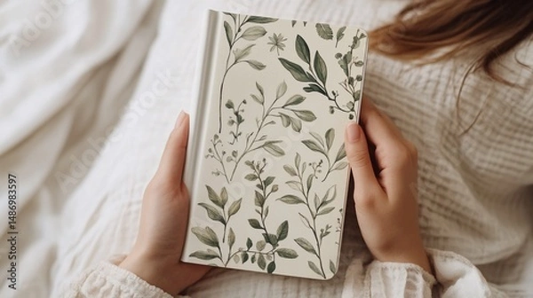 Fototapeta Woman holding a beautiful floral patterned notebook on a cozy blanket