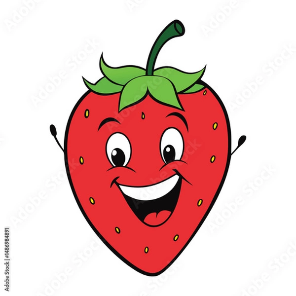 Fototapeta A cheerful strawberry cartoon with bright eyes and a big smile, laughing joyfully with tiny seeds dotted on its red skin, spreading happiness and fun vibes everywhere!