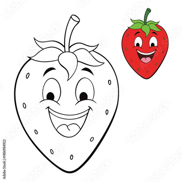 Fototapeta A cheerful strawberry cartoon with bright eyes and a big smile, laughing joyfully with tiny seeds dotted on its red skin, spreading happiness and fun vibes everywhere!
