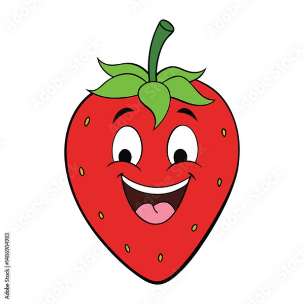 Fototapeta A cheerful strawberry cartoon with bright eyes and a big smile, laughing joyfully with tiny seeds dotted on its red skin, spreading happiness and fun vibes everywhere!

