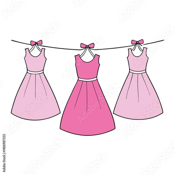 Fototapeta Elegant pink party dresses gracefully hang on a ribbon, showcasing soft fabrics, delicate details, and a charming touch of femininity, ready for a festive occasion.
