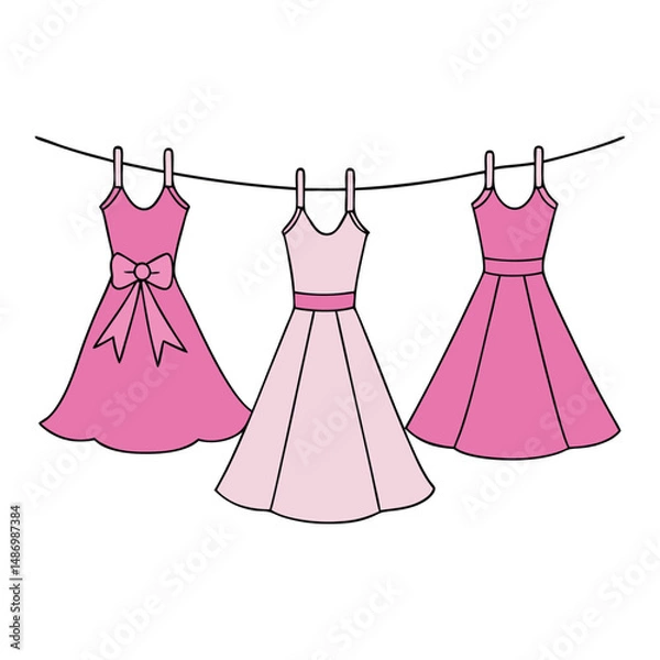 Fototapeta Elegant pink party dresses gracefully hang on a ribbon, showcasing soft fabrics, delicate details, and a charming touch of femininity, ready for a festive occasion.
