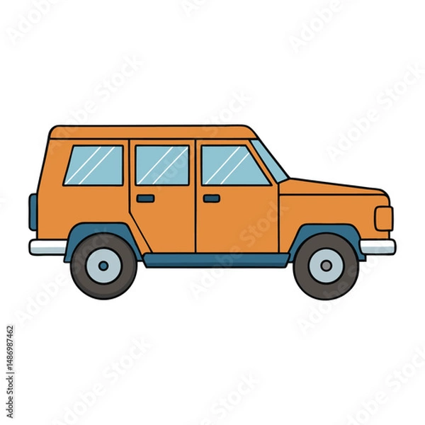 Fototapeta Sleek side view of a modern SUV showcasing its aerodynamic design, bold lines, tinted windows, and stylish alloy wheels under a clear sky.
