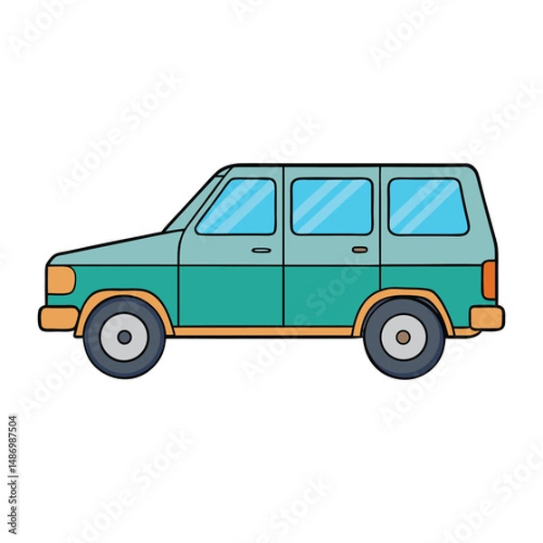 Fototapeta Sleek side view of a modern SUV showcasing its aerodynamic design, bold lines, tinted windows, and stylish alloy wheels under a clear sky.
