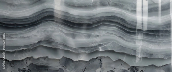 Fototapeta Layered gray and black marble texture with translucent bands and reflective finish, elegant natural stone surface for modern interiors