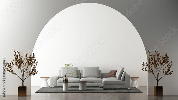 Obraz Modern living room and cozy sofa mockup decoration and white arch wall texture background interior design. 3d rendeing