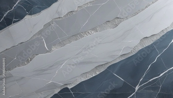 Fototapeta Layered gray and blue marble texture with cracked veining and stone grain, modern natural stone background for interior surfaces