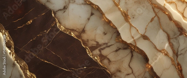 Fototapeta Elegant brown and cream marble texture with metallic gold veins, luxurious natural stone background for sophisticated interior design