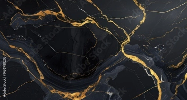 Fototapeta Luxurious black marble texture with bold gold veins and flowing mineral patterns, elegant natural stone background for upscale interiors
