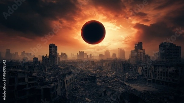 Fototapeta Apocalyptic Cityscape: A World in Ruins Under a Dark Solar Eclipse