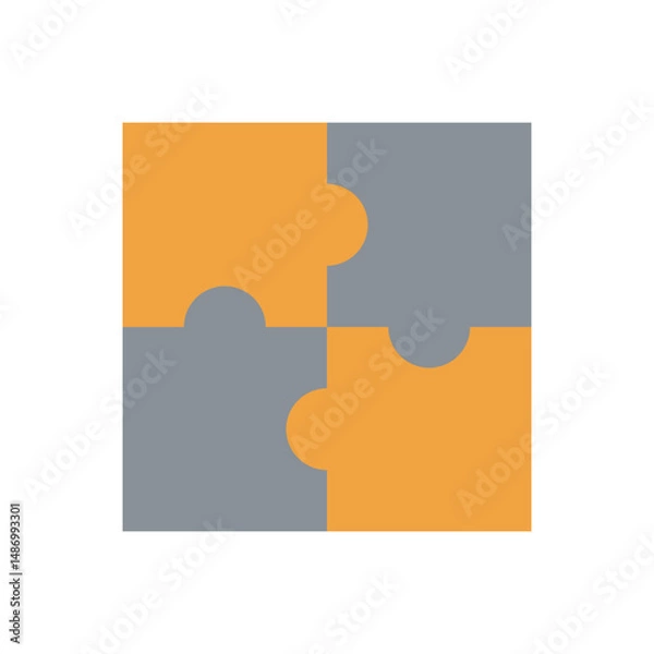 Obraz Puzzle piece icon vector. Four connected puzzle pieces in orange and gray. Represents teamwork, collaboration, problem-solving, and integration concepts.