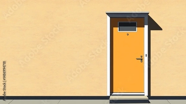 Fototapeta Minimalist golden door on beige wall, sharp shadows, architect design