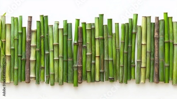 Fototapeta Serene Green Bamboo Stalks Arranged in a Row Against White Background