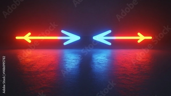 Fototapeta Neon Arrows: Contrasting Directions in a Dark Space