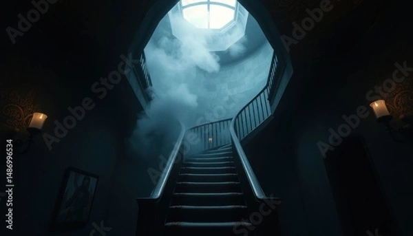 Fototapeta Mansion Staircase with Smoke, Dark Interiors, and Glowing Skylight