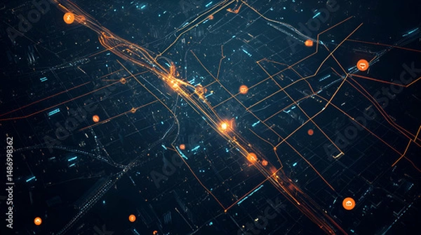 Fototapeta Abstract Digital Network with Glowing Orange and Blue Lines