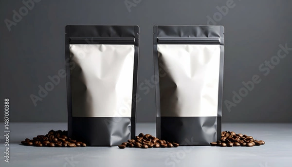 Fototapeta Realistic coffee pouch packaging mockup with blank label for branding and product design presentations.