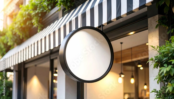 Fototapeta Modern storefront with hanging round signboard mockup, striped awning detail, and warm illuminated interior setting.