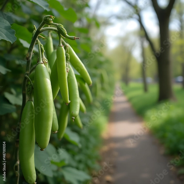 Obraz Brotes de judías verdes floreciendo en el camino arbolado del parque
