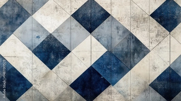 Fototapeta Blue and white ceramic tiles wall texture background. Abstract geometric pattern.