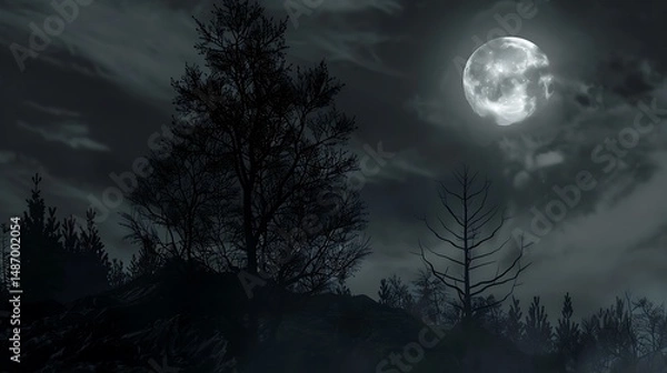 Fototapeta Full Moon Shining Above Dark Forest Trees Silhouettes with Dramatic Cloudscape