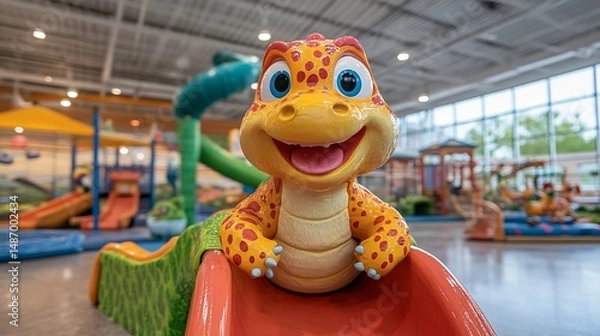 Fototapeta Playful Dinosaur on Indoor Playground Slide