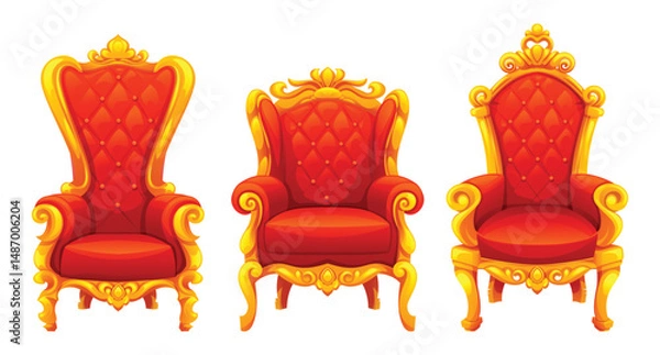 Fototapeta Set of golden throne chair with red cushion, wide arms and tall backrest in vintage style. Vector cartoon illustration