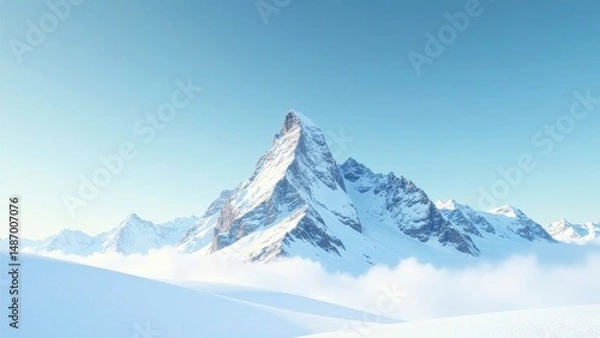 Obraz Serene Winter Landscape Majestic snow-capped peak rising above a sea of clouds, a breathtaking panorama of pristine white mountain range under a clear sky.