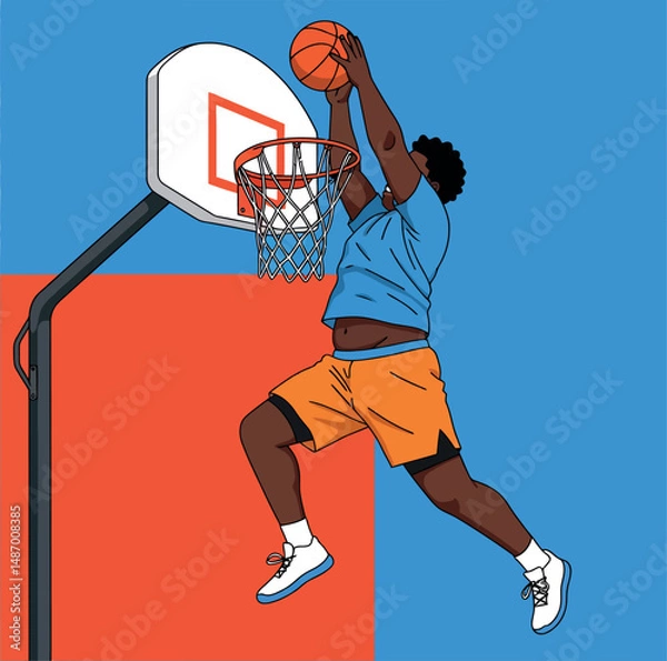 Fototapeta Basketball player dunking ball on court with blue and red background vector illustration 