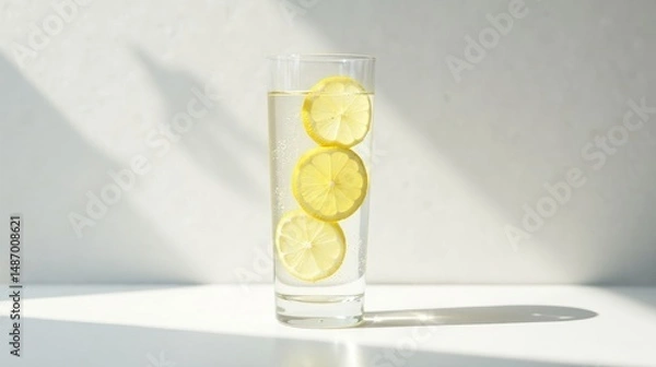 Fototapeta Refreshing lemon water in a tall glass, illuminated by sunlight casting shadows on a pristine white surface