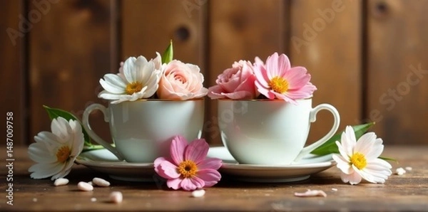 Fototapeta Delicate pastel blossoms nestled in elegant teacups, creating a charming and serene springtime scene on a rustic wooden surface