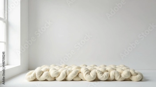 Obraz Cream-colored braided wool textile resting on a minimalist white surface near a bright window