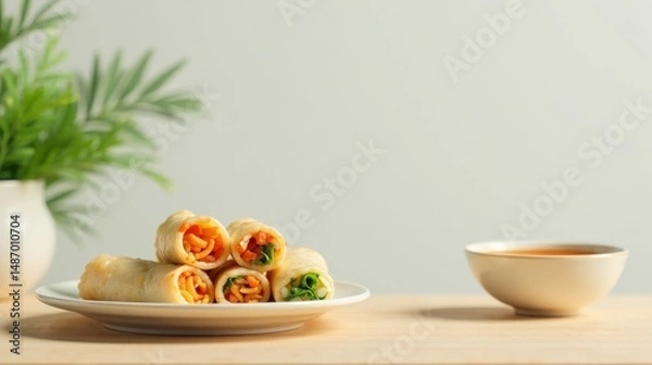 Obraz Savory Vegetable Wraps on a Plate with a Side of Tea, Ready for a Delicious Meal