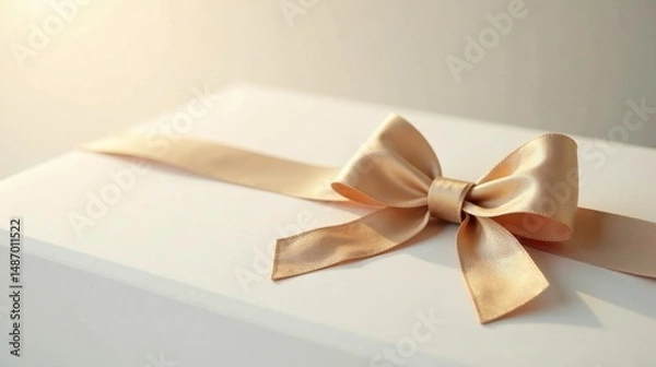 Fototapeta A delicately tied champagne ribbon bow adorns a pristine white gift box, reflecting soft light and creating an elegant presentation.
