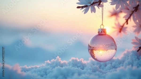 Obraz Serene winter sunset reflected in a delicate glass ornament hanging from a blossoming branch nestled in pristine snow
