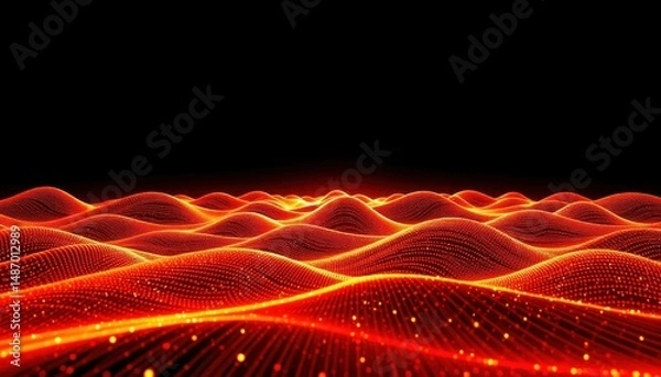 Fototapeta Fiery waves, digital landscape, abstract background, red glow, dark backdrop