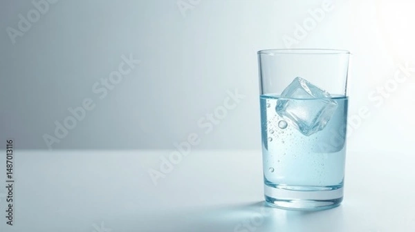 Obraz Refreshing Ice Cube in a Glass of Sparkling Water on a Light Blue Background